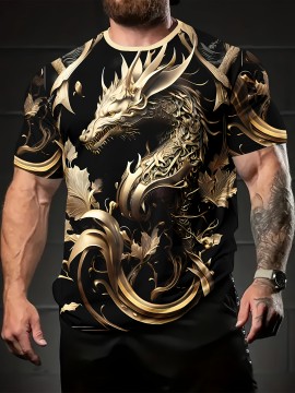 Summer Fashion Golden Dragon Print Short-Sleeved Round Neck T-Shirt - Men's Casual All-Match Outdoor Top