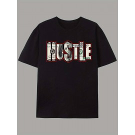 Men's Hustle Graphic T-Shirt - Casual Streetwear Style, Unisex Short Sleeve Tee with Bold Money Print, Lightweight Polyester Blend, Summer Essential for Men and Women, Unisex Tshirt | Bold Print Shirt | Money Theme Apparel