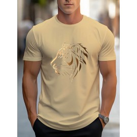 Men'S Stylish Lion Graphic T-Shirt - Brown with Golden Accent Design, Casual Summer Wear, Lightweight Polyester Fabric, Round Neck, Machine Washable, Casual Summer Top|Round Neck Shirt|Polyester Fabric
