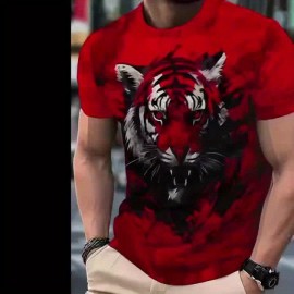 Men's Novelty Tiger Print T-Shirt - Red, Casual Crew Neck, Short Sleeve, Polyester Blend, Machine Washable, Bold Graphic Design