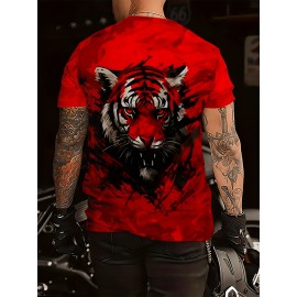 Men's Novelty Tiger Print T-Shirt - Red, Casual Crew Neck, Short Sleeve, Polyester Blend, Machine Washable, Bold Graphic Design