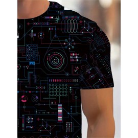 Men's Futuristic Circuit Board Graphic T-Shirt - Sporty Tech-Inspired Design, Vibrant Neon Geometric Print, Breathable Summer Tee, Machine Washable Regular Fit Round Neck, Techthemed Apparel, Comfortable Wear