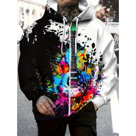 Men'S Vibrant Guitar Print Hoodie - Long Sleeve Zip-Up Sweatshirt with Drawstring & Pockets, Casual Outdoor Fall/Winter Jacket, Black with Colorful Splatter Design, Music Lover Apparel | Hooded Sweatshirt | Durable Fabric