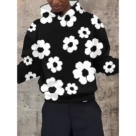 Men'S Casual Black Hoodie with White Floral Print - Trendy Long Sleeve Pullover, Regular Fit, Slight Stretch Fabric, Casual Wear Hoodie|Floral Print Hoodie|Stretchy Fabric Hoodie, Hoodie, Sweatshirt, Sweatshirt Set, Sweatshirt Set for