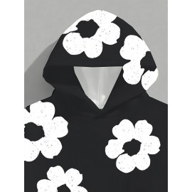 Men'S Casual Black Hoodie with White Floral Print - Trendy Long Sleeve Pullover, Regular Fit, Slight Stretch Fabric, Casual Wear Hoodie|Floral Print Hoodie|Stretchy Fabric Hoodie, Hoodie, Sweatshirt, Sweatshirt Set, Sweatshirt Set for