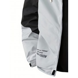 Men's Windproof Hooded Jacket for Spring & Autumn - Lightweight Work Jacket with Zipper Closure, Contrast Color Block Design, Polyester Lining & Pockets - Outdoor Sports, Hiking, Casual Wear
