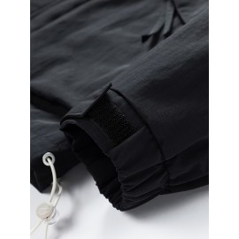 Men's Heavy-Duty Jacket - Full-Zip Windbreaker Coat with Hood, Black/White colorblock, Loose Fit Workwear Jacket for Outdoor, Casual, Everyday Use - Size XL (Machine Washable)