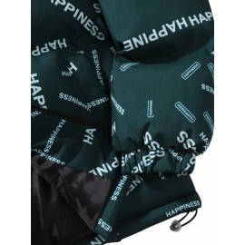 [Windproof Jacket] Warm & Stylish Men's Thick Windproof Hooded Jacket | Large Pockets & Drawstring, Black Polyester, Casual Letter Print Versatile Outerwear, Durable Outerwear