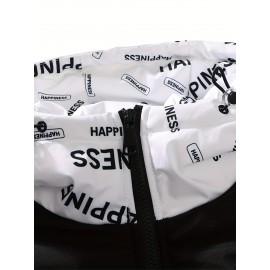 [Windproof Jacket] Warm & Stylish Men's Thick Windproof Hooded Jacket | Large Pockets & Drawstring, Black Polyester, Casual Letter Print Versatile Outerwear, Durable Outerwear