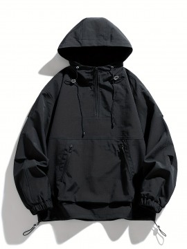 Men's Black Hooded Windbreaker Jacket - Lightweight, Polyester, Long Sleeve, Zipper Closure | Casual, Wind Protection for Spring & Fall