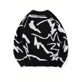 [Men's Geometric Sweater] Xingfan Men's Geometric Print Pullover Sweater | Drop Shoulder Casual Long Sleeve Round Neck Knit Top with Ribbed Detailing, Autumn Winter Warmth, Regular Fit for Casual Attire