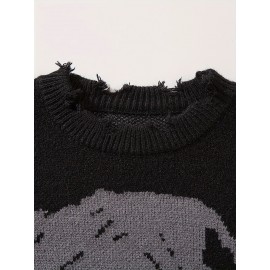 ANDREILEE Unisex Skull Print Crew Neck Sweater, Street Style Acrylic Blend, Loose Fit, Long Sleeve, Ripped Tassel Detail, Knit Pullovers for Fall/Winter