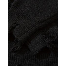 ANDREILEE Unisex Skull Print Crew Neck Sweater, Street Style Acrylic Blend, Loose Fit, Long Sleeve, Ripped Tassel Detail, Knit Pullovers for Fall/Winter