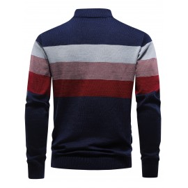 Men's Slim-Fit Casual Soft Commuter Knit Sweater - High Neck Long Sleeve with 1/4 Zipper, Navy & Light Grey Color Block Design for Autumn/Winter, Office & Casual Wear, Knitted Sweater, Comfortable Winter Wear