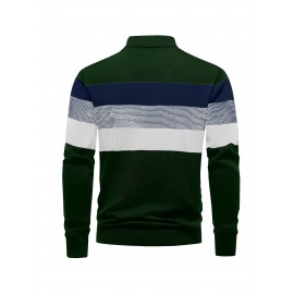 Men's Slim-Fit Casual Soft Commuter Knit Sweater - High Neck Long Sleeve with 1/4 Zipper, Navy & Light Grey Color Block Design for Autumn/Winter, Office & Casual Wear, Knitted Sweater, Comfortable Winter Wear