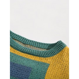 [Winter Sweater] Autumn/Winter Men's Geometric Color Block Sweater | Relaxed Drop Shoulder Fit, Mid-Stretch Fabric, Round Neck & Sleeves, Winter Comfort Clothing, Medium Elasticity Fabric
