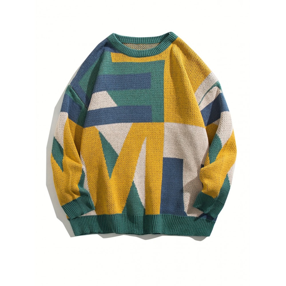 [Winter Sweater] Autumn/Winter Men's Geometric Color Block Sweater | Relaxed Drop Shoulder Fit, Mid-Stretch Fabric, Round Neck & Sleeves, Winter Comfort Clothing, Medium Elasticity Fabric