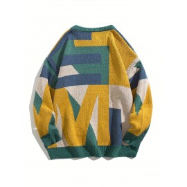 [Winter Sweater] Autumn/Winter Men's Geometric Color Block Sweater | Relaxed Drop Shoulder Fit, Mid-Stretch Fabric, Round Neck & Sleeves, Winter Comfort Clothing, Medium Elasticity Fabric