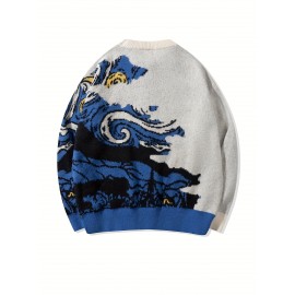 Men'S & Women'S Stylish Van Gogh Starry Night Print Pullover Sweater - Loose Fit, Long Sleeve, Round Neck, Knit Fabric, Casual & Versatile Fall/Winter Top, Fall Winter Top | Starry Night Design | Ribbed Knit Cuffs, Van Gogh Sweater