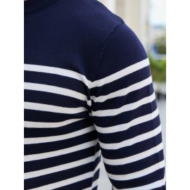 Men'S Casual Striped Knit Sweater - Navy & Vertical Stripes, Long Sleeve Crew Neck, Medium Stretch, Regular Fit for Spring/Fall, Versatile Layering Piece, Spring Fall Apparel | Classic Striped Design | Medium Stretch Fabric