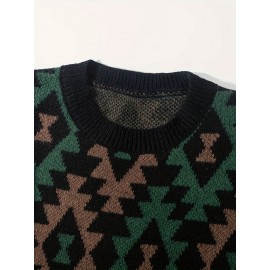 Men's Casual Geometric Pattern Knit Sweater - Asymmetrical Design, Machine Washable, Round Neck, Regular Fit for Autumn/Winter, Brown/Red/Black/White/Gray, Knit Sweater, Winter Warm Top, Autumn Fashion, Relaxed Fashion, Comfortable Wear, Durable Fabric