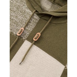 Men's Casual Hooded Color-Block Sweater - Black & Plaid Pattern, Sleeve Pullover with Ribbed Cuffs & Adjustable Drawstring Hood for Spring/Fall Daily Commute & Casual Outings, Sweater Hoodie, Durable Knitwear, Comfortable Fit