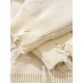 Unisex Street Style Knit Sweater, Fall/Winter Crew Neck Long Sleeve Pullover with Alphabet Print, Ripped Fringe Detail, Loose Fit, 42% Acrylic 28% Polyamide 30% Polyester Knit Fabric