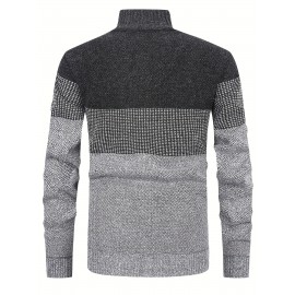 Men's Knitted High Collar Zip-Up Striped Casual Fleece-Lined Thick Sweater