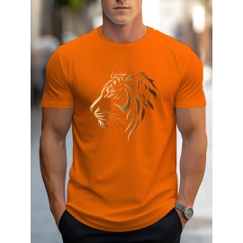 Men'S Stylish Lion Graphic T-Shirt - Brown with Golden Accent Design, Casual Summer Wear, Lightweight Polyester Fabric, Round Neck, Machine Washable, Casual Summer Top|Round Neck Shirt|Polyester Fabric
