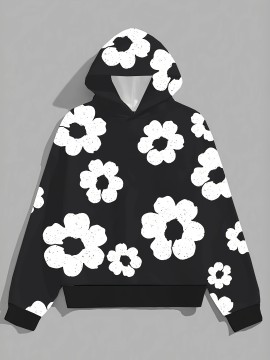 Men'S Casual Black Hoodie with White Floral Print - Trendy Long Sleeve Pullover, Regular Fit, Slight Stretch Fabric, Casual Wear Hoodie|Floral Print Hoodie|Stretchy Fabric Hoodie, Hoodie, Sweatshirt, Sweatshirt Set, Sweatshirt Set for