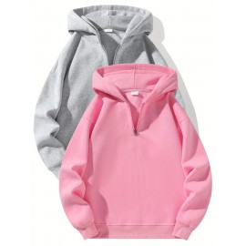 [Sporty Sweatshirts] 2pcs Sporty Comfortable Fleece-Lined Half-Zip Hooded Sweatshirts | Unisex Regular Fit Polyester Pullovers with Zippered Pockets for Gym, Casual & Lounge Wear, Machine Washable, Soft Knit Texture, Heather Grey & Black