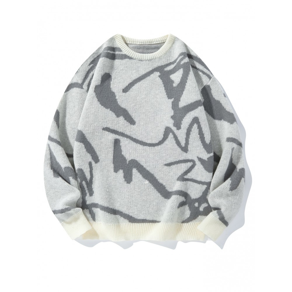 [Men's Geometric Sweater] Xingfan Men's Geometric Print Pullover Sweater | Drop Shoulder Casual Long Sleeve Round Neck Knit Top with Ribbed Detailing, Autumn Winter Warmth, Regular Fit for Casual Attire